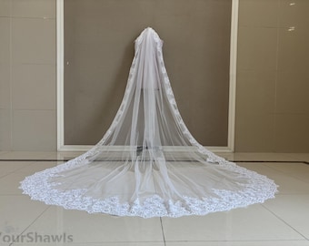 Wedding Sequin Lace Veil, Cathedral Single Layer Lace Applique Veil, Elegant Bridal White Ivory Lace Veil