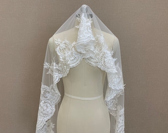 Cathedral Bridal Lace Veil Single Layer White/Ivory Lace Wedding Veil Elegant Bride Lace Veil One Tier Tulle Veil
