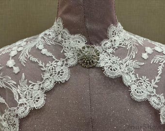 Elegant Bridal Lace Beaded Shawl, White Lace Bridal Shawl, Lace Short Bolero Wedding Shawl，Ivory Lace Shawl Top