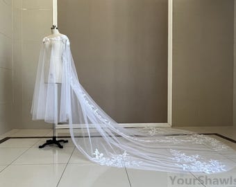 Luxury Cathedral Wedding Lace Applique Shawl Long White Lace Applique Bridal Veil Ivory Trailing Lace Cape