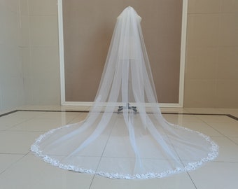 Velo de novia de catedral de encaje blanco o marfil, una capa con peine, velo de novia de encaje