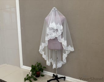 Wedding Veil, Bridal One Drop Drape Veil, Single Layer Ivory Mantilla Veil, Lace Cathedral White Veil Without Comb