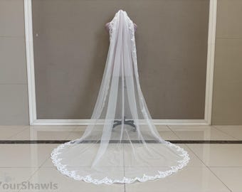 Wedding Veil, Single Layer Lace Bridal Veil, Cathedral White Lace Veil, Ivory Tulle Veil, Wedding Accessories