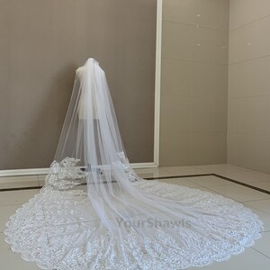 May include: A white bridal veil with a scalloped lace trim. The veil is long and flowing, and the lace is delicate and intricate.