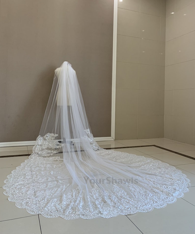 May include: A white bridal veil with a scalloped lace trim. The veil is long and flowing, and the lace is delicate and intricate.