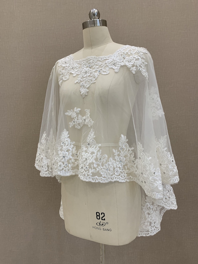Elegant Bridal Ivory/White Lace Jacket Bolero Crystal Cape Women Applique Shrug Shawls Lace Edge Diamond Luxury Bridesmaid Bridal Shawl image 2