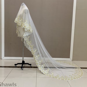 Single Layer Unique Gold Lace Trim Bridal Veil, White or Ivory Soft Tulle Veil, Cathedral Wedding Bridal Drape Veil, No Comb