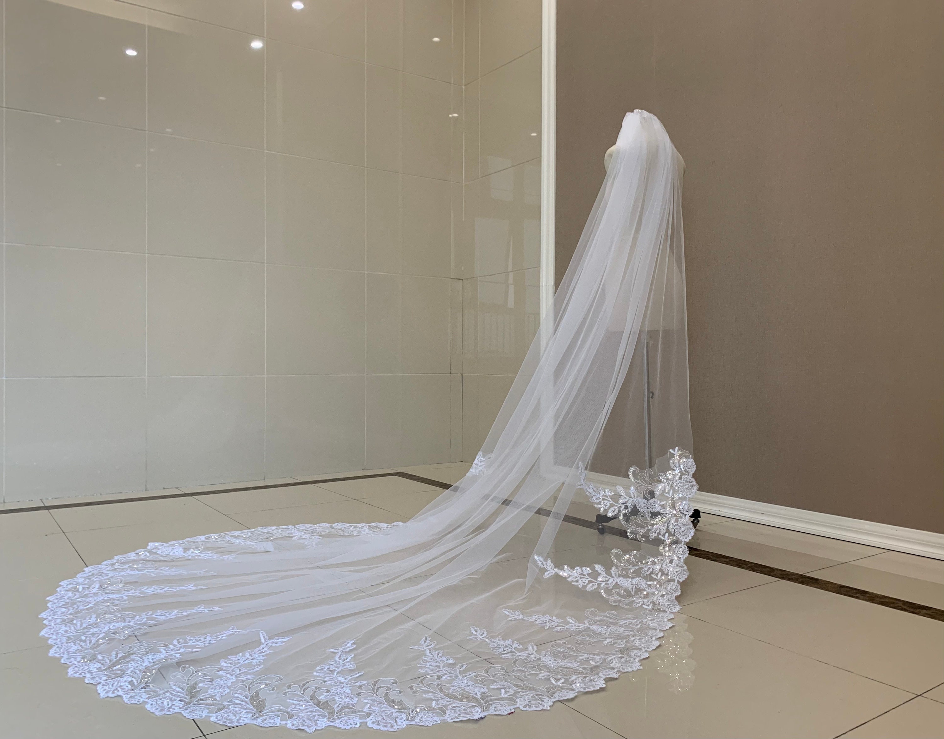 Cathedral Wedding Sequin Lace Veil Single Layer Bridal Veil 