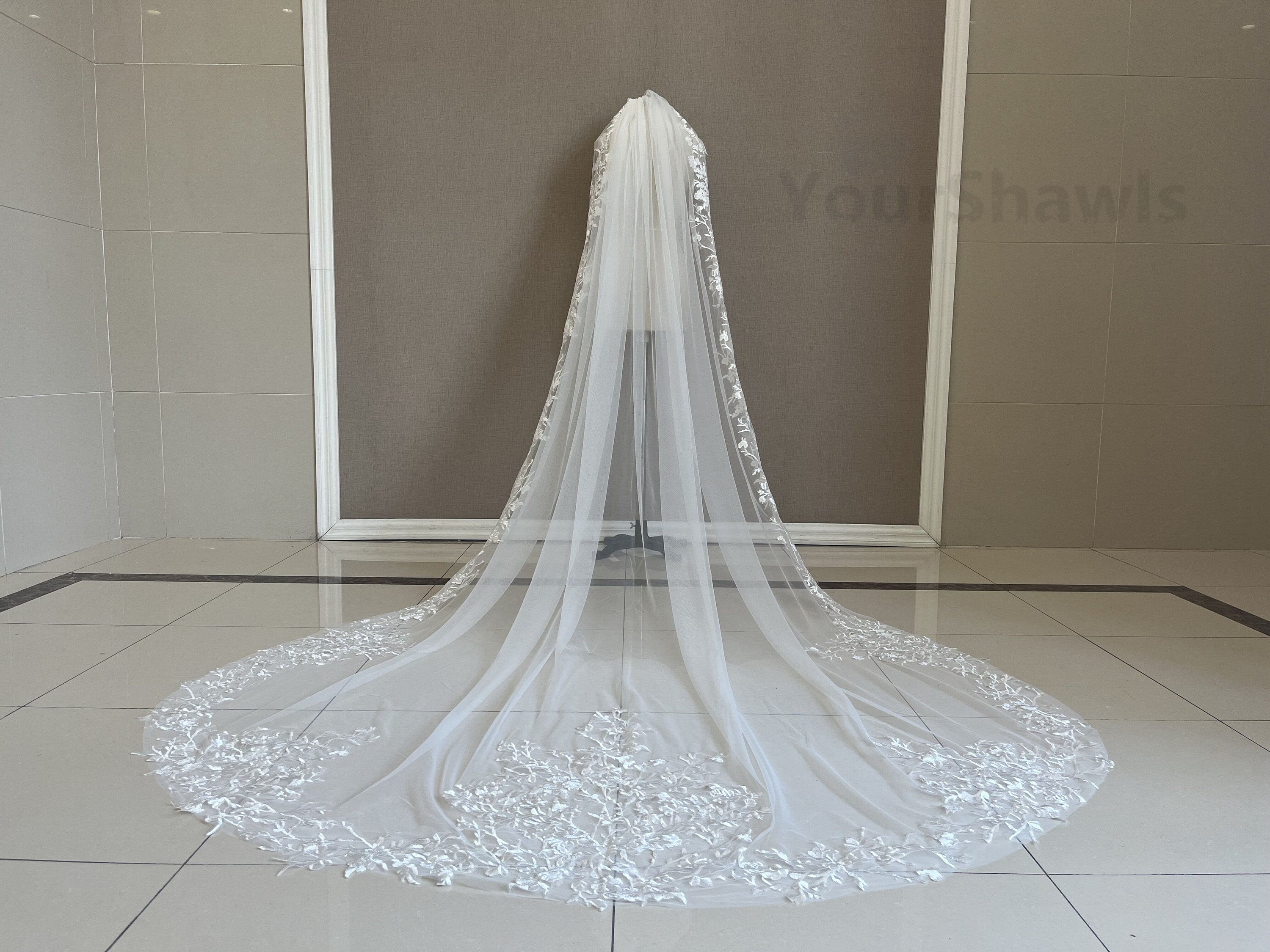 Cathedral Wedding Veil White Lace Applique Wedding Veil One Tier