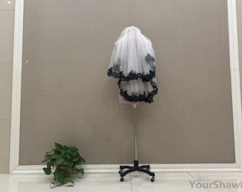 Black Lace Bridal Veil, Romantic Wedding 2 Layer Lace Short Veil, White Ivory Bridal Elbow-length Veil, Wedding Accessories