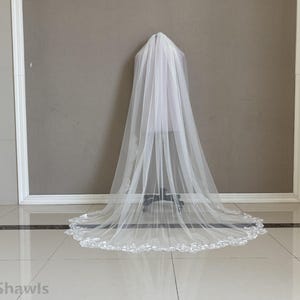 Voile de mariée dentelle blanche, voile de dentelle de mariage longueur cathédrale une couche, voile de mariée dentelle de mariage ivoire avec peigne