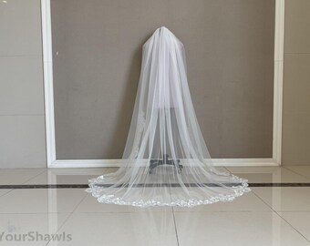 Velo de novia de encaje blanco, velo de novia de una sola capa con longitud de catedral, velo de novia de encaje color marfil con peine.