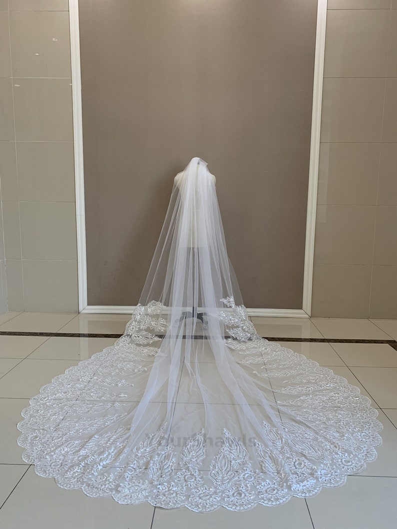 May include: A white bridal veil with a scalloped edge and delicate lace embroidery. The veil is long and flowing, with a soft, sheer texture.
