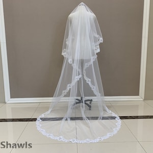 Single Layer Romantic Wedding Lace Veil, Cathedral Wedding Drape Veil, Elegant Bridal White/Ivory Lace Veil