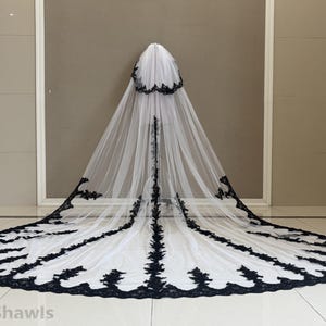 Black Lace Wedding Veil, Cathedral Two Layer Lace Applique Veil, White and Ivory Floral Lace Bridal Veil
