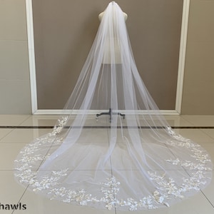 Elegant Bridal White/Ivory Lace Applique Veil, Luxury Cathedral Unique Applique Lace Veil, Vintage Wedding One Layer Applique Veil