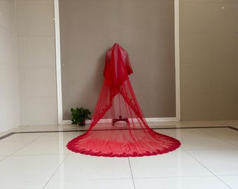 Red Mantilla Veil，Cathedral Sequined Floral Lace Edge Wedding Veil, Spanish Style Train Bridal Veil，One Tier Church Wedding Veil