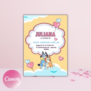 Blue Dog Invitation Template, Birthday Digital Video Invite, Bday Party Invitations, instant download, pink cloud birthday