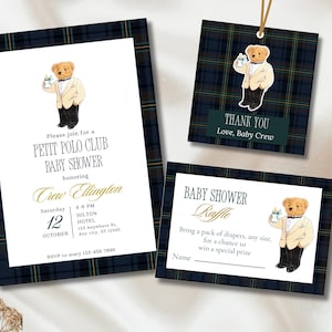 Polo Bear Baby Shower Invitation Bundle – Tuxedo Bear, Green Plaid, Ralph Inspired, Baby Bottle Toast, Petite Polo Club Theme