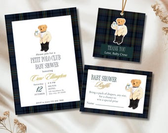 Polo Bear Baby Shower Invitation Bundle – Tuxedo Bear, Green Plaid, Ralph Inspired, Baby Bottle Toast, Petite Polo Club Theme