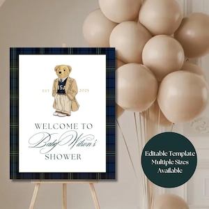 Polo Bear-Babyparty-Willkommensschild | Ralph Lauren-inspiriert | Preppy Polo-Thema | Druckbare & bearbeitbare Vorlage