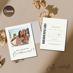 Bridesmaid Proposal Card Template, Modern will you be my bridesmaid, Polaroid bridesmaid proposal card printable, calendar, save the date