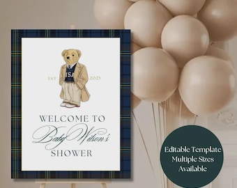 Polo Bear Baby Shower Welcome Sign |  Preppy Polo Theme | Printable & Editable Template