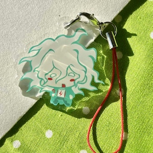 May include: A clear acrylic charm featuring a cartoon character with white hair and teal outlines. The charm has a red lanyard and a silver clasp. The character has a teal outfit and a red face. The charm is on a green and white polka dot background.