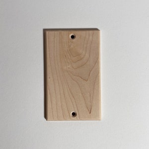 May include: A plain, light wood wall plate with two holes drilled in it.