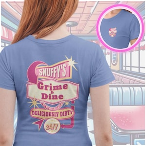 Snuffy's Grime & Dine Funny Pink Diner Logo Tee, Novelty Food Lover Gift, Retro Restaurant Shirt, Vintage Graphic Tee, 50's Diner Shirt