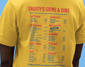 Snuffy's Grime & Dine Funny Diner Menu Tee, Novelty Food Lover Gift, Retro Restaurant Shirt, Vintage Graphic Tee, 50's Diner Shirt
