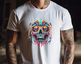 Syntax Diffusion Collab #3 T-Shirt, Trippy Psychedelic skull shirt, Halloween tee, spooky skull, mind bending design, melting skull