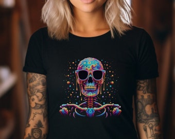 Syntax Diffusion Collab #1 T-Shirt, Trippy Melting skeleton wearing sunglasses shirt, Halloween tee, spooky skeleton shirt, Psychedelic tee