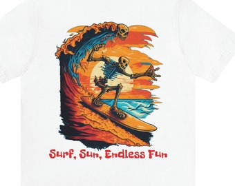 Surf Sun Endless Fun T-Shirt, Skeleton Surfing Shirt, Surf Sunset Beach Shirt, Surfer graphic T-shirt, Gift for Surfer, Surf Gifts,Surf Tees