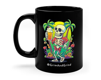 Summer Vibes Skeleton Drinking On The Beach Coffee Mug, Skeleton Drinking on he Beach Coffee Cup, Summer Coffee Mug for Men