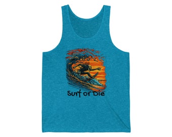 Surf or Die Tank Top, retro style unisex tank, gift for surfer, unisex beach jersey tank, skeleton surfer tank, halloween beach tank