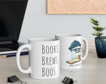 Books Brews & Boos Cute Ghost Drinking Coffee Mug, Fun Halloween Coffee Mug, Cute Hipster Ghost Coffee Mug, Halloween Mug
