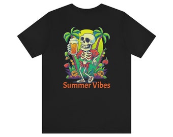 Summer Vibes Skeleton Drinking On The Beach Short Sleeve Tee, Unisex Skeleton Drinking on he Beach T-Shirt, Summer Shirt for Men