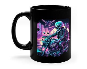 Retro Road Trip Skeleton on Motorcycle Coffee Mug, Motorcycle Mug, Coffee Mug for Bikers, Skeleton Motorcycle Mug, 80s Retro Coffee Mug