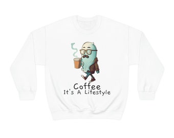 Coffee It's a Lifestyle Sweatshirt, hipster ghost drinking coffee, funny ghost mustache shirt, hipster halloween unisex coffee sweatshirt