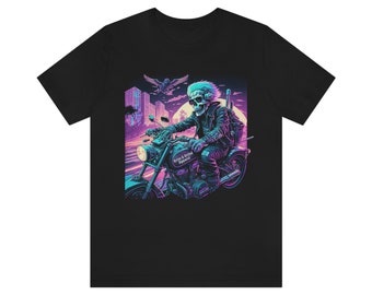 Retro Roadtrip Skeleton on Motorcycle T-Shirt, Motorcycle Tee, Shirts for Bikers, Skeleton Motorcycle Shirt, 80s Retro Shirt