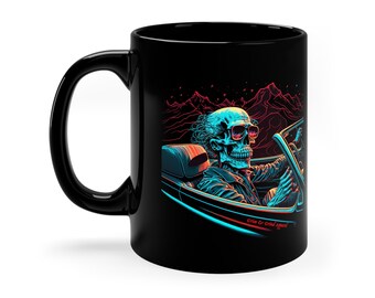 Retro Road Trip Skeleton Driving Convertible, Skeleton Driving Car Coffee Mug, Creepy Road Trip Mug, Halloween Cup, Coffee Mug for Car Fans