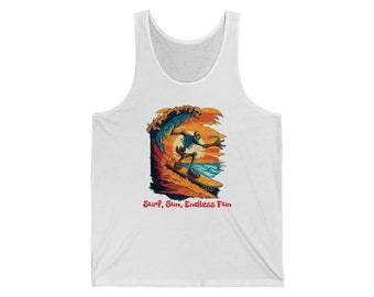 Surf Sun Endless Fun Tank, Skeleton Surfing Shirt, Surf Sunset Beach Shirt, Surfer graphic T-shirt, Gift for Surfer, Surf Gifts,Surf Tees