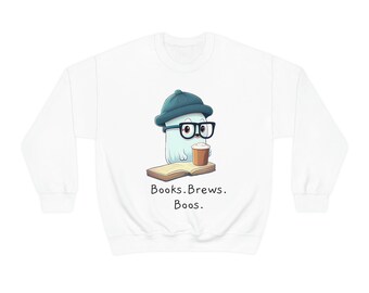 Books Brews & Boos Cute Ghost Drinking Coffee Sweatshirt, Unisex Halloween Crewneck Sweatshirt, Cute Hipster Ghost Drinking Coffee Sweat