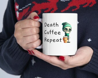 Death Kaffee wiederholen Kaffeetasse | Niedliche Hipster Skelett Kaffeetasse | Halloween Kaffeetasse | Lustiger Spruch Tasse | Coole Skelett Kaffeetasse