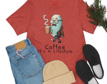 Coffee It's a Lifestyle T-Shirt, hipster ghost drinking coffee, funny ghost mustache shirt, hipster halloween tee, unisex coffee t-shirt