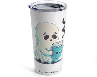 Haunted By Anxiety Fueled By Coffee Tumbler, Cute Ghost Drinking Coffee Cup, Halloween Ghost Hot Cold Tumbler Cup