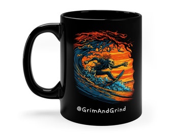 Surf or Die Coffee Mug, retro style Coffee Cup, gift for surfer, beach surfer Coffee Mug, skeleton surfer Coffee Cup, halloween beach Mug