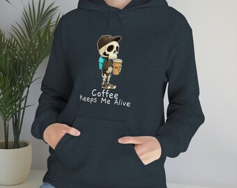 Coffee Keeps Me Alive Hoodie, Cute Hipster Skeleton Drinking Coffee Hooded Sweatshirt, Halloween Coffee Sweatshirt, Unisex Hipster Skeleton