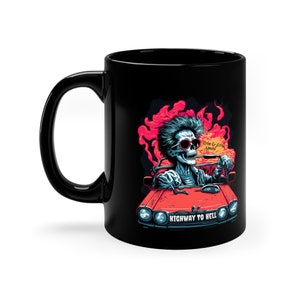 Highway To Hell Retro 80s Road Trip Coffee Mug, Skeleton Driving Convertible, Gifts for Car Lovers, Halloween Mug, Creepy Road Trip to Hell